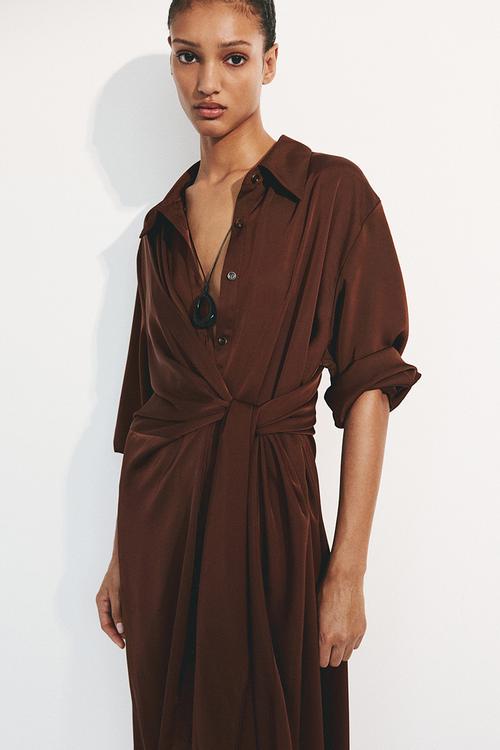 Tie-detail shirt dress - rust brown