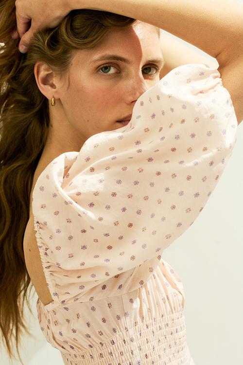 Smocked-waist dress - light beige/floral