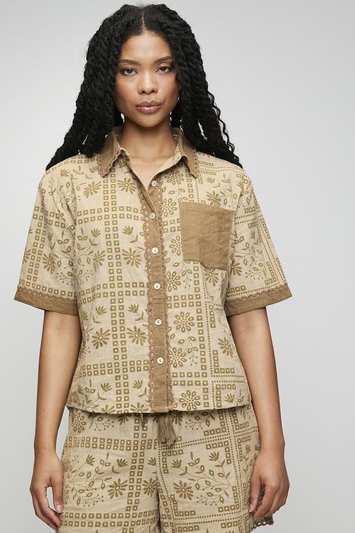 Allover Button Through Printed Shirt With Contrast Placket And Sleeve Hem - Beige