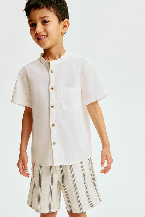 Linen-blend drawstring shorts - cream/striped