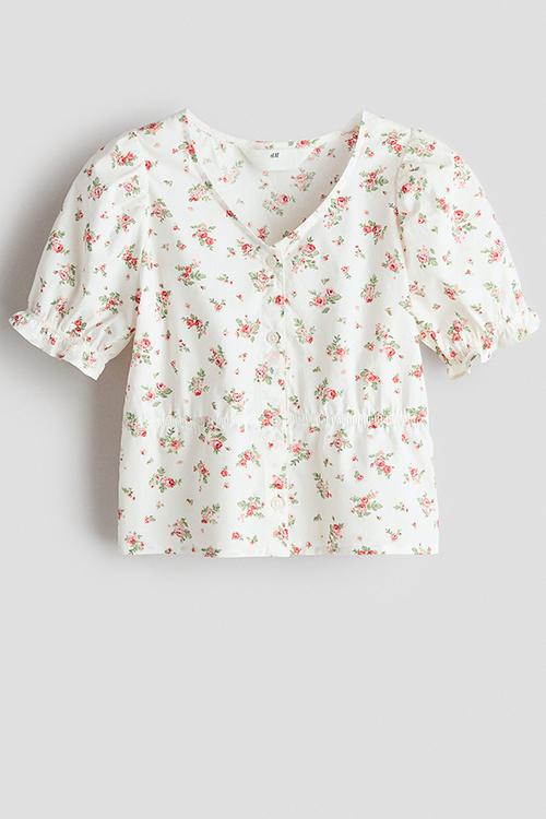 Puff-sleeved cotton seersucker blouse - cream/floral