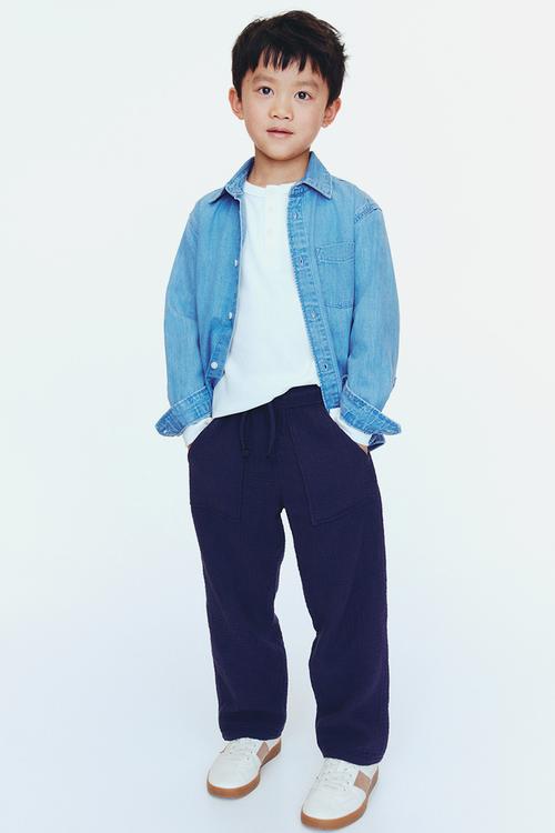 Muslin drawstring trousers - navy blue