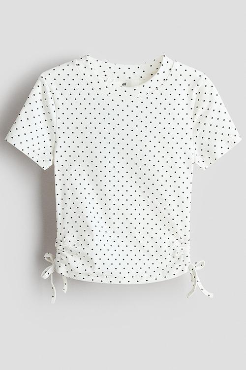 Drawstring-detail cotton top - cream/spotted