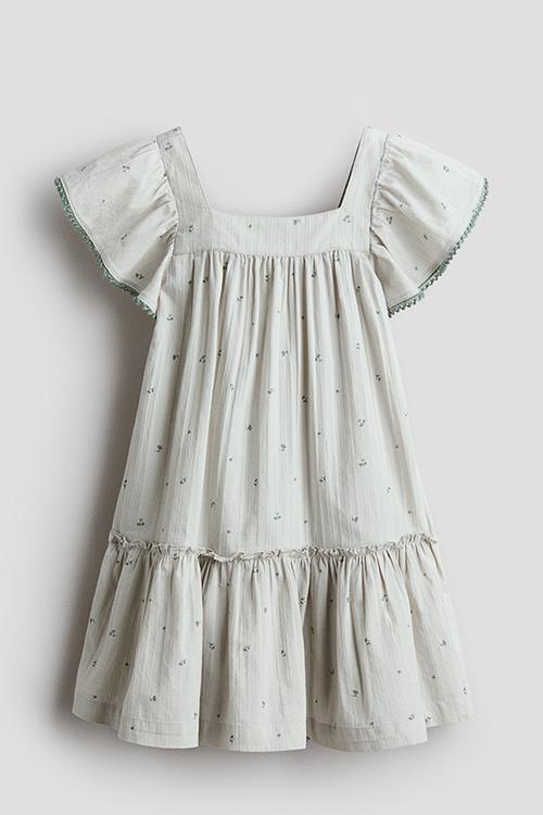 Flared cotton dress - light dusty green/floral