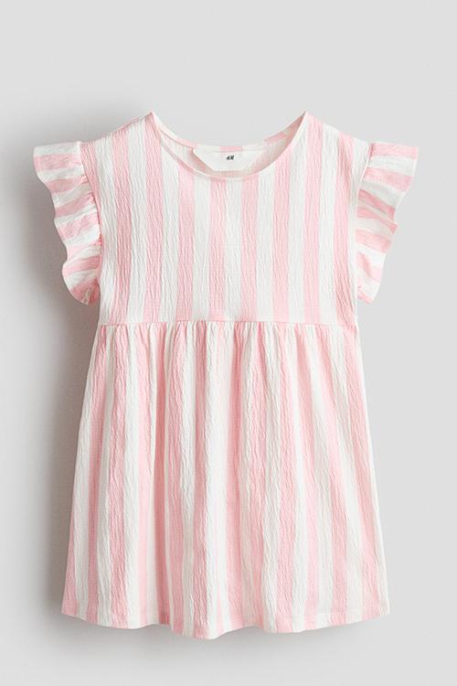 Flutter-sleeved cotton dress - light pink/striped