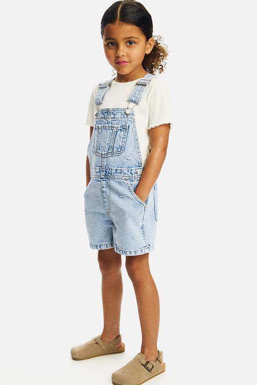Embroidered denim dungaree shorts - light denim blue/hearts
