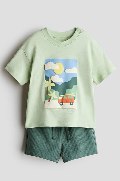 2-piece cotton jersey set - light green/car