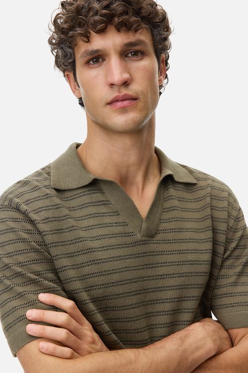 Regular fit linen-blend polo shirt - dark khaki green/striped