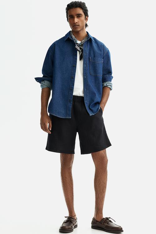 Relaxed fit linen shorts - black