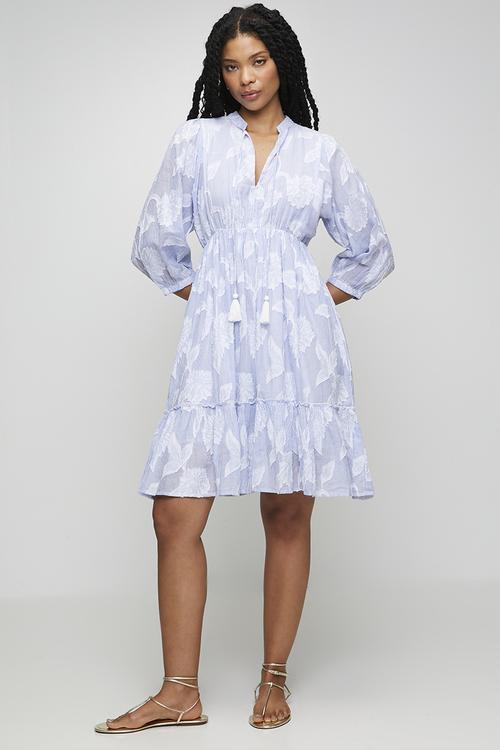 3/3 Sleeve With Elastic Key Hole With Tie Neck Midi Dress - Blue
