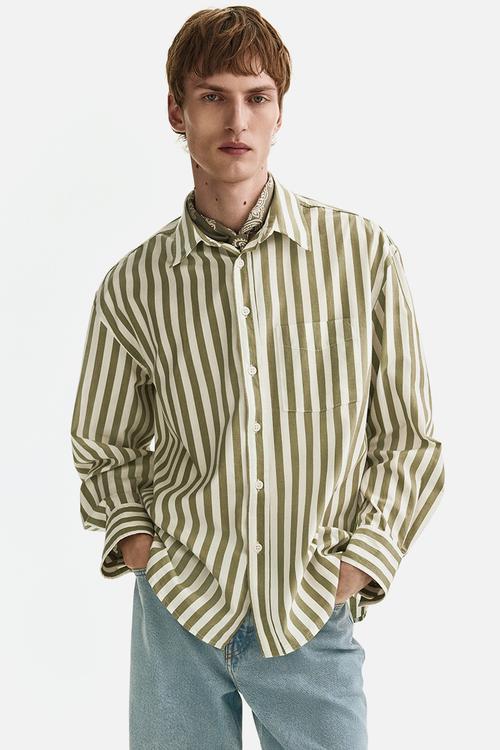 Relaxed fit poplin shirt - khaki green/striped