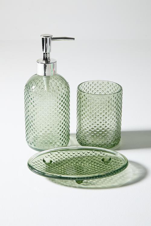 3pc glass embossed bath acc set dots - green