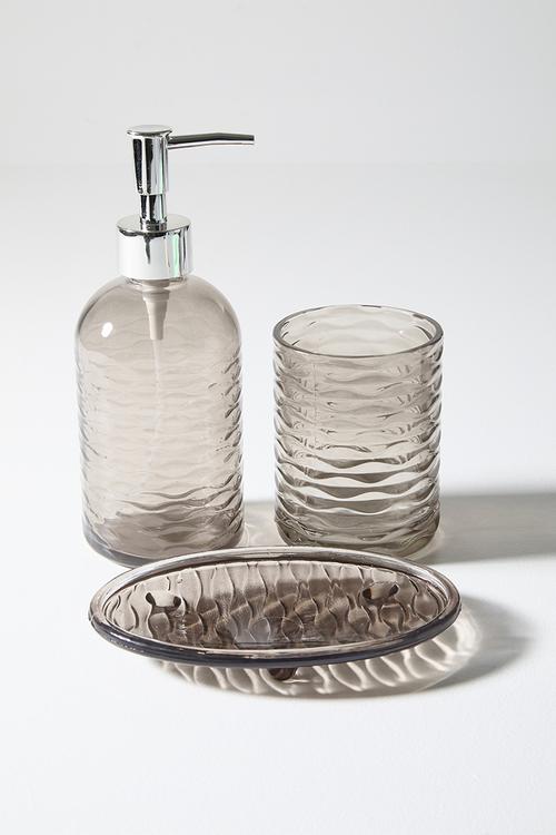 3pc glass embossed bath acc set waves - neutral