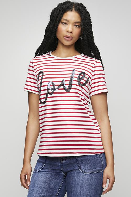 S/S Crew Neck Yarn-Dye Stripe Logo With Love Sequins - White And Red