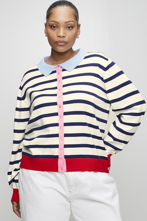 Plus Colourblock Stripe Collar Cardigan - White Stripe