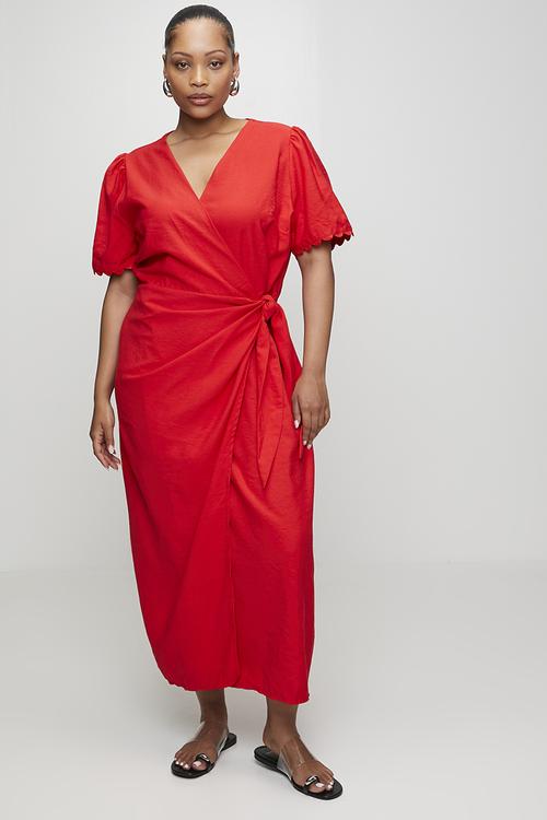 Plus Functional Wrap Dress with RicRac Detail - Red