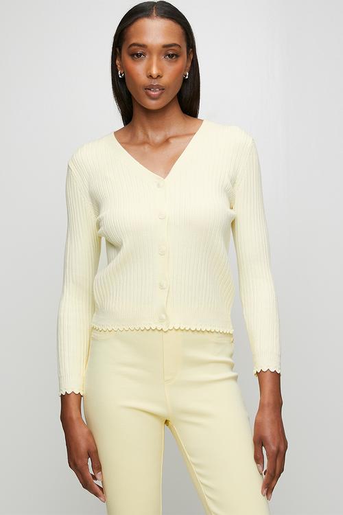 3/4 Sleeve V-Neck Button Through Cardi With Scallop Hem  - Pale Yellow