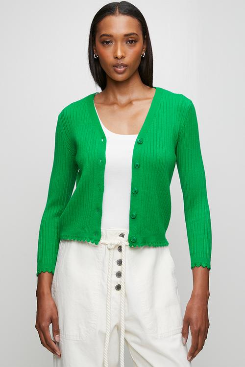 3/4 Sleeve V-Neck Button Through Cardi With Scallop Hem  - Fort Green