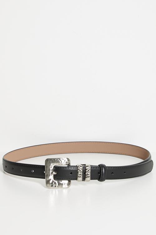 Lillian Silver Textured Square Buckle Slim Belt - Black