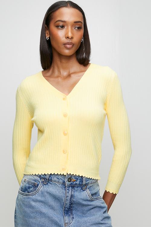 3/4 Sleeve V-Neck Button Through Cardi With Scallop Hem  - Yellow