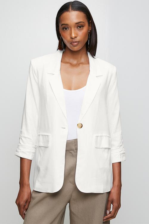 3/4 Sleeve Single Button Linen Blend Slouchy Jacket - White