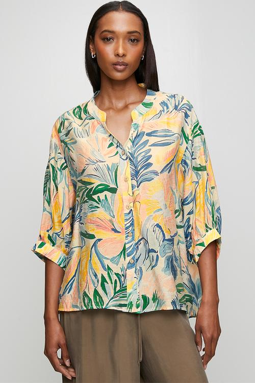 Half Sleeve Batwing Sheer Button Through Shirt With Centre Back Button Detail - Multi Blue