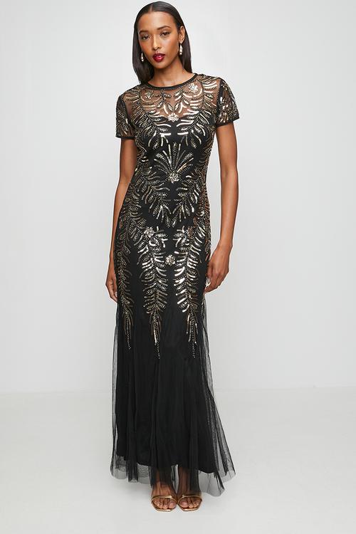Cap Sleeve Sequin Maxi Dress With Mermaid Hem - Black