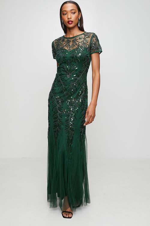 Cap Sleeve Sequin Maxi Dress With Mermaid Hem - Emerald