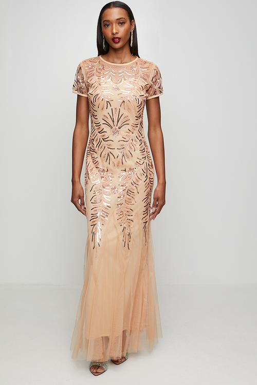 Cap Sleeve Sequin Maxi Dress With Mermaid Hem - Champagne