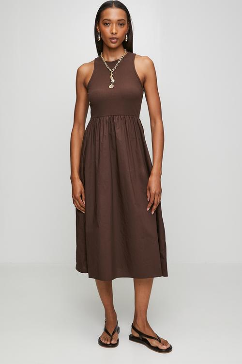 Ladies Midi Ribbed Jersey And Poplin Mix Dress - Dark Brown