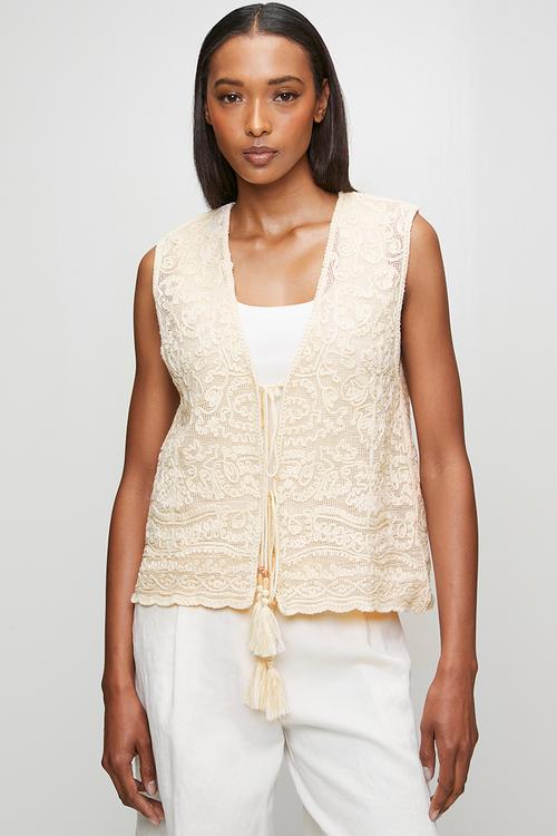 Sleeveless V-Neck Crochet Waistcoat - Ivory