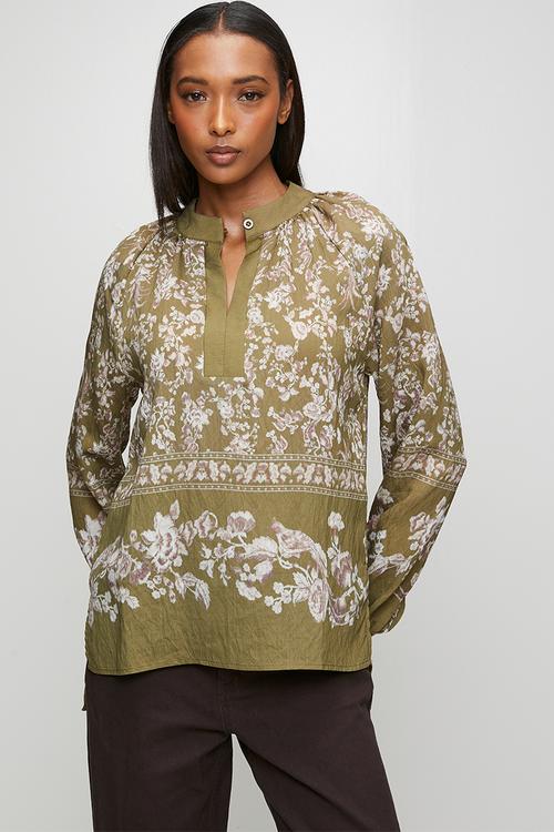Long sleeve Key Hole Printed Blouse - Olive