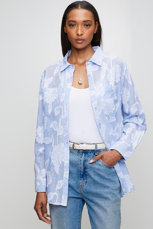 L/S Button Through Stripe Shirt - Blue
