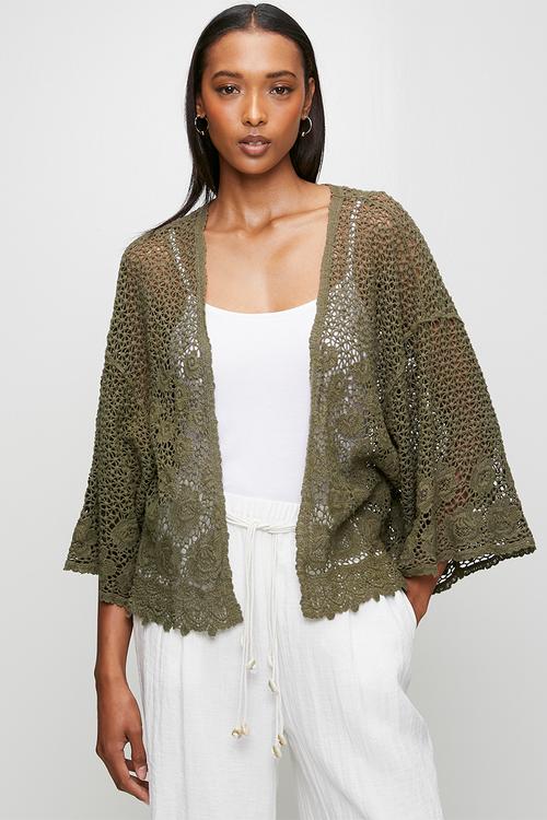 Batwing Sleeve Cardi In Lace - Khaki