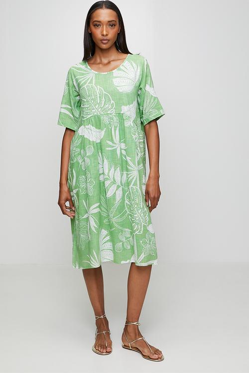 S/S Easy Wearing Printed Cotton Dress - Green