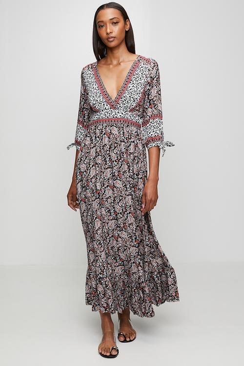 3/4 Sleeve With Tie V-Neck A-Line Maxi Dress With Contrast Print In Key Areas  - Multi Black