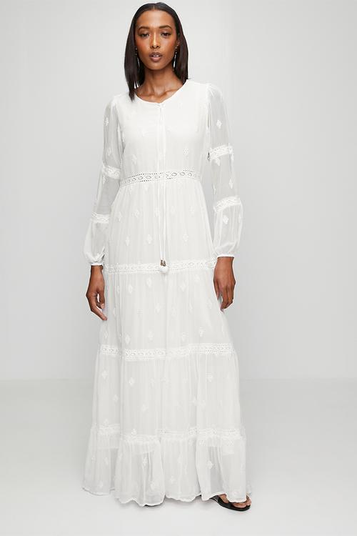 L/S With Bell 3 Button A-Line Tiered Dress With Crochet Detailing - White
