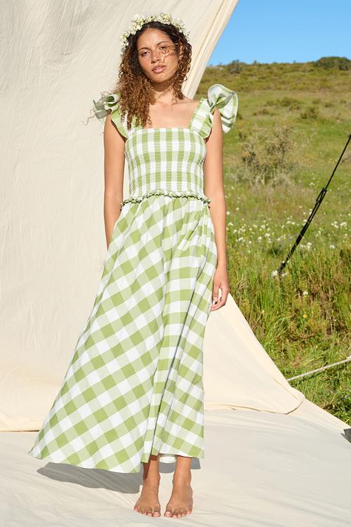 Broad Strap Shirring Bodice Dress - Green Check
