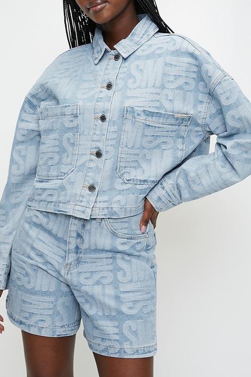 Ladies Jayda Jacquard Denim Shacket - Light Blue