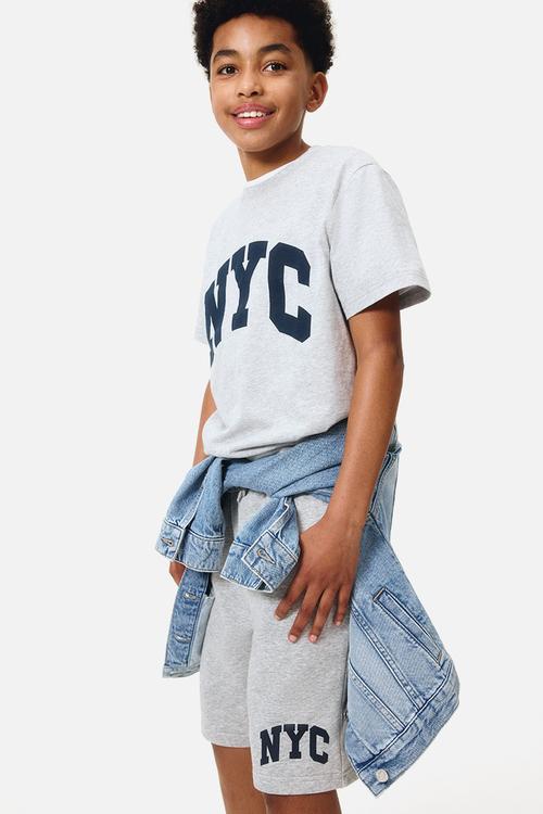Printed cotton t-shirt - light grey marl/nyc