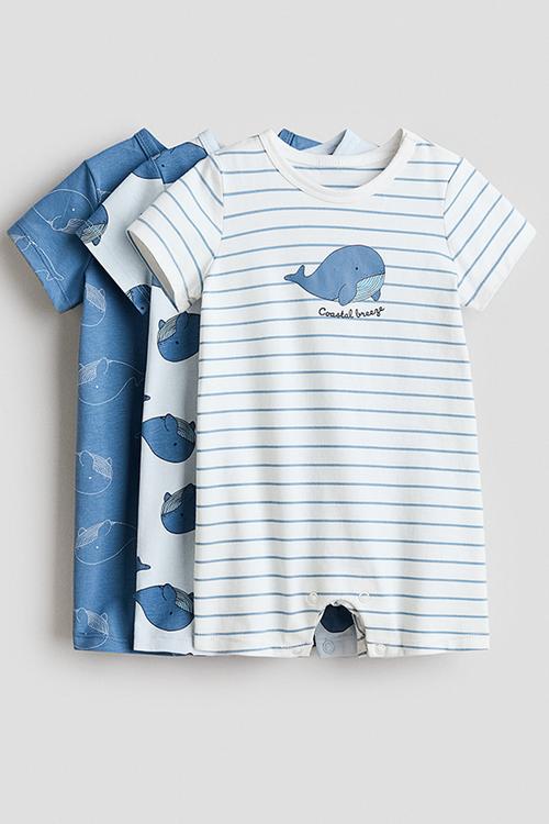 3-Pack short sleepsuits - dusty blue/whales
