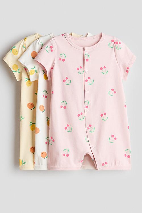 3-pack short cotton sleepsuits - light pink/cherries