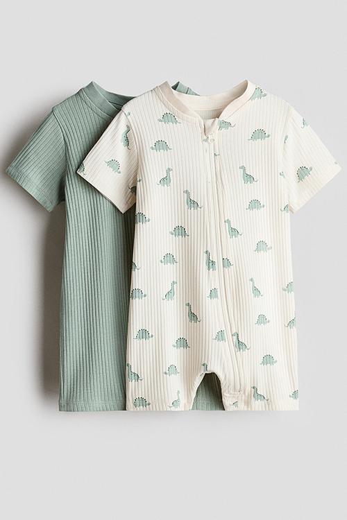 2-Pack short cotton sleepsuits - dusty green/dinosaurs