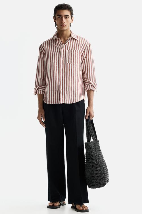 Relaxed fit linen-blend shirt - rust red/striped