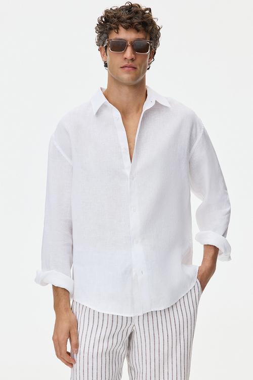 Relaxed fit linen-blend trousers - white/striped
