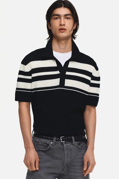 Regular fit pointelle-knit polo shirt - black/colour block
