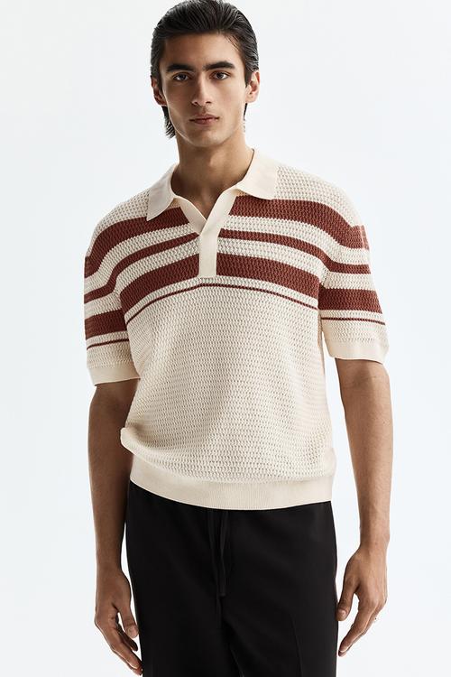Regular fit pointelle-knit polo shirt - cream/colour block