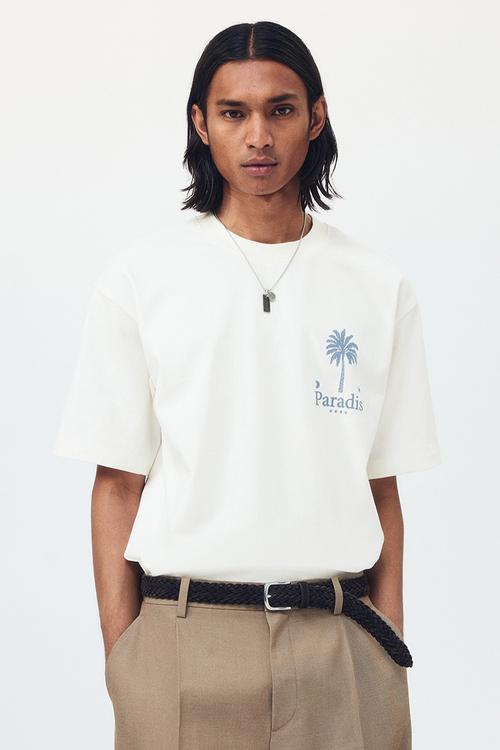 Relaxed fit printed cotton t-shirt - cream/paradis