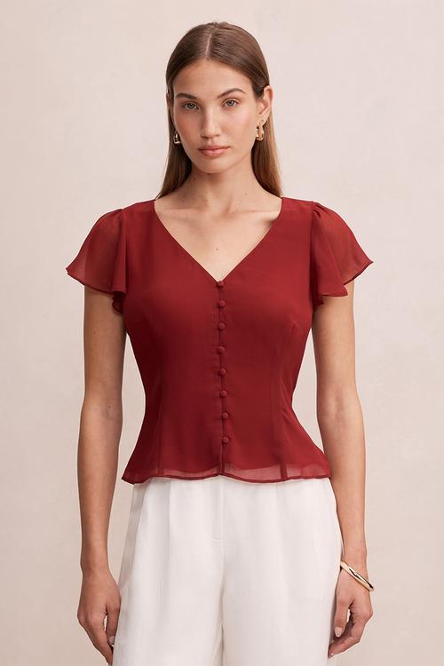 Pippa flutter sleeve blouse in pomegranate red