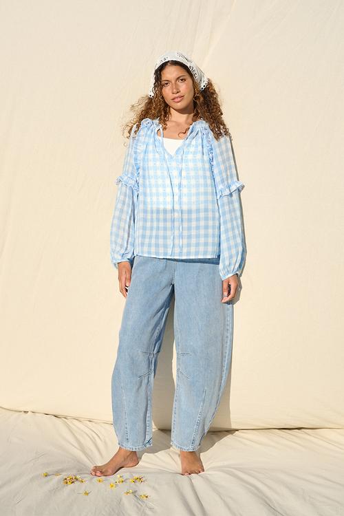 Frill Neck Check Shirt - Ice Blue